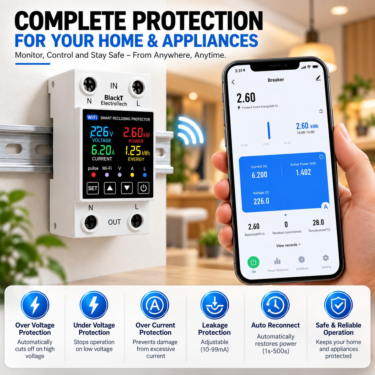 Blackt Electrotech BT720WP Smart Wi-Fi Over/Under Voltage Protector Energy Meter (AC 100-240V, 1-63A) with Leakage Protection, Remote Control & Power Monitoring Smart Life App — Amazon image 2