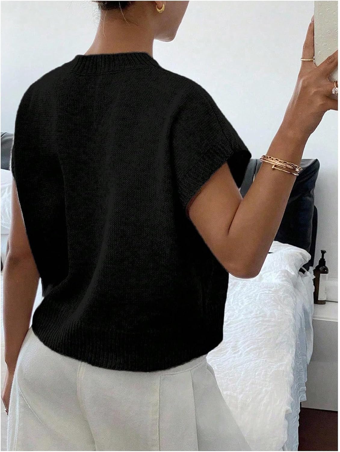 QJQ Women's Short Sleeve Sweater Vest Decor Knit Crewnek Anthropologie Clothes Business Cute Tops - Image 3