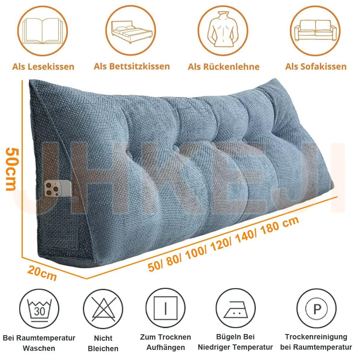 Ergonomiczna poduszka na plecy, na łóżko i sofę, do czytania, ze zdejmowaną, zmywalną poszewką na plecy, duża poduszka podtrzymująca klin, z wygodną kieszenią boczną, stylowa, szara
