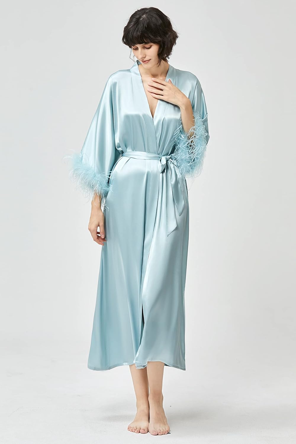 PRODESIGN Satin Kimono Robe Long Silky Bathrobe with Ostrich Feather Trim Sleepwear Wedding Bridesmaid Dressing Gown - Image 4