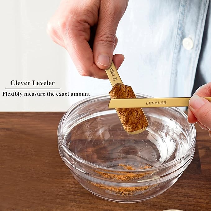 This comprehensive set of 21 measuring tools is perfect for culinary enthusiasts who value precision and quality in their kitchen. The package includes seven measuring cups ranging from 1/8 cup to 1 cup, eight measuring spoons with measurements from 1/16 tsp to 1 tbsp, a handy leveler, and five mini measuring spoons featuring unique measures like Tad, Dash, Pinch, Smidgen, and Drop. These assorted sizes ensure you have the right tool for all your baking and cooking needs, whether you're dealing with dry or wet ingredients.