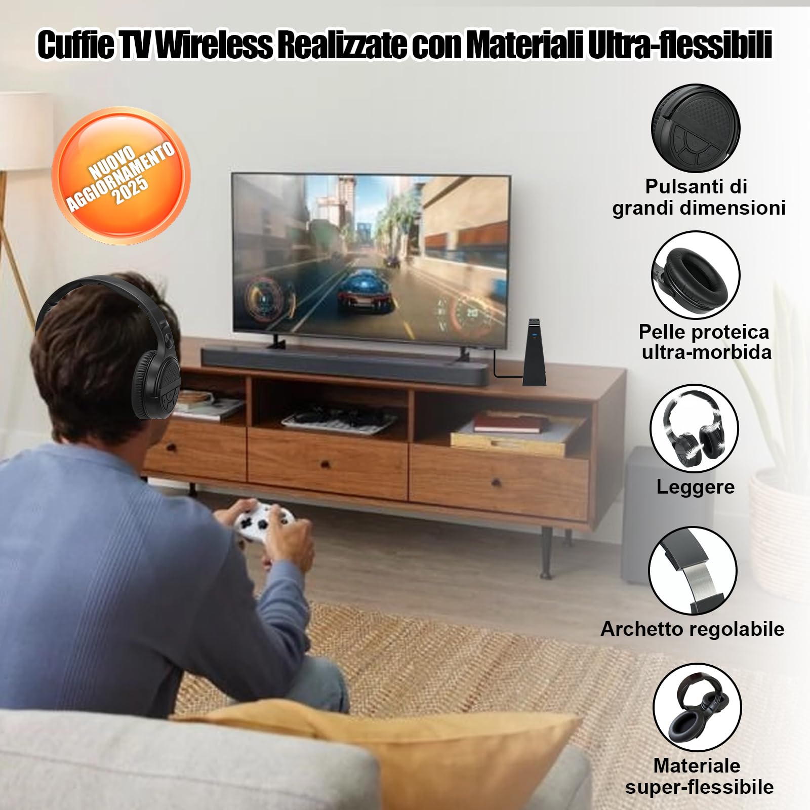 Cuffie TV Senza Fili con Base Trasmettitore di Ricarica, Cuffie Wireless per TV, Pulsanti Grandi e Amplificazione del Suono per Anziani, 20H di Autonomia, Cuffie Bluetooth Leggere e Confortevoli