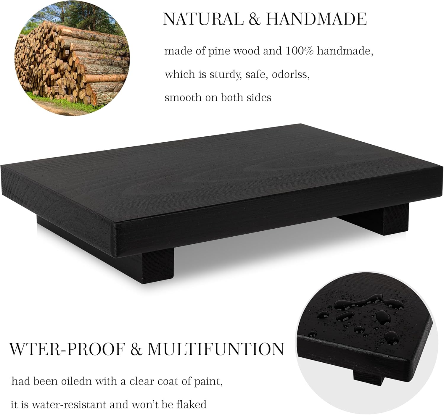 Bathroom Counter Organizer Wood Pedestal Stand Farmhouse Decorative Tray Soap Holder for Kitchen Decor, 9" x 6" - Black