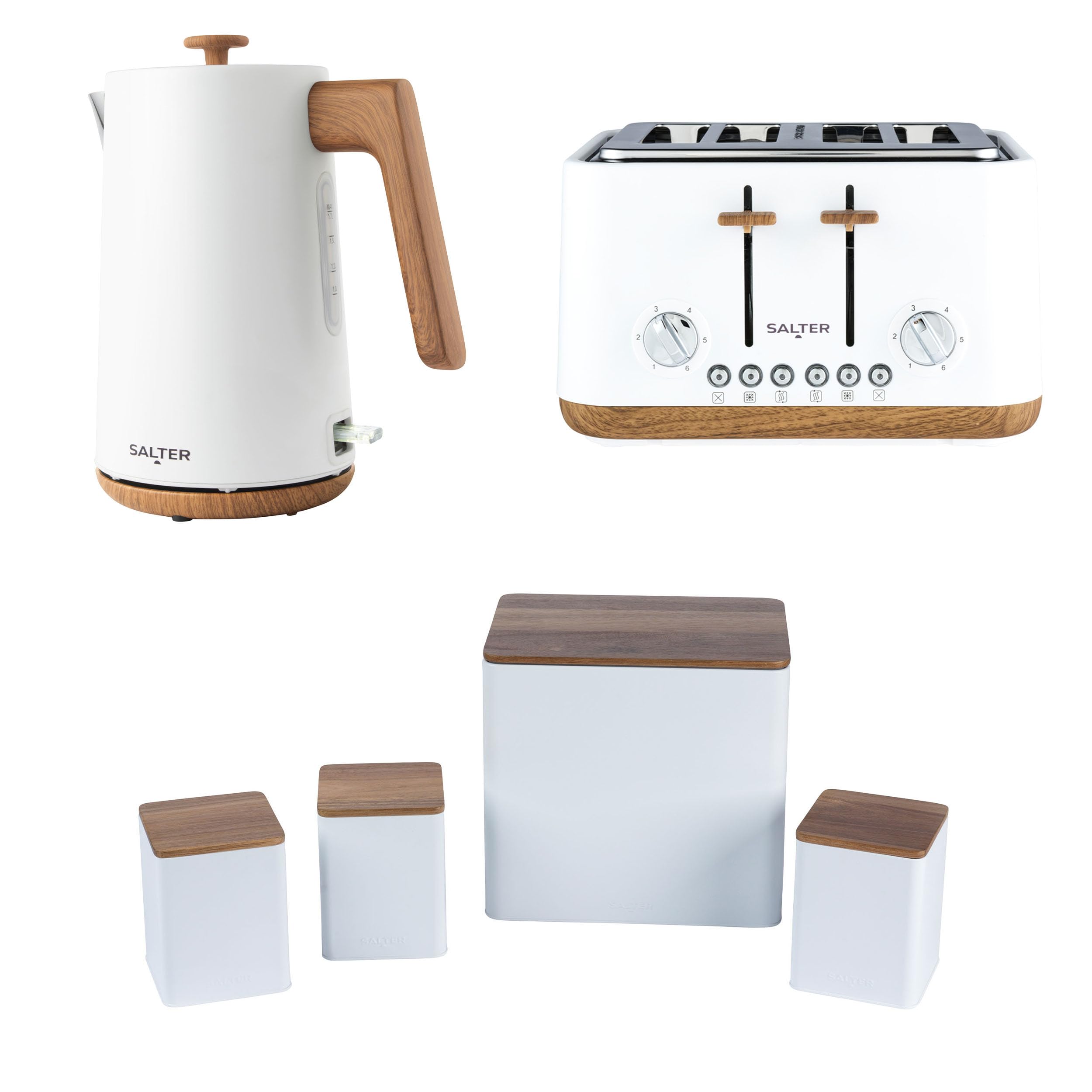 Salter Toronto Kettle, Toaster & Countertop Set – Includes Bread Bin, Tea, Sugar, Coffee Canisters, Rapid Boil, 4-Slice Wide Slots, Storage Canisters, Wooden Accents, Matt White, COMBO-9350 — image 1