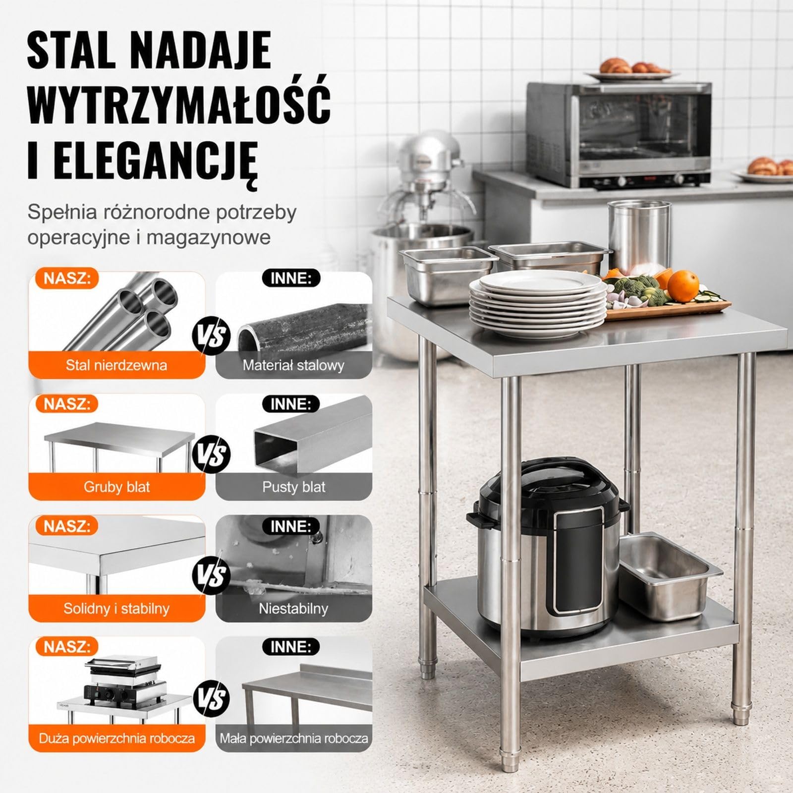 Stół roboczy ze stali nierdzewnej do kuchni gastronomicznej