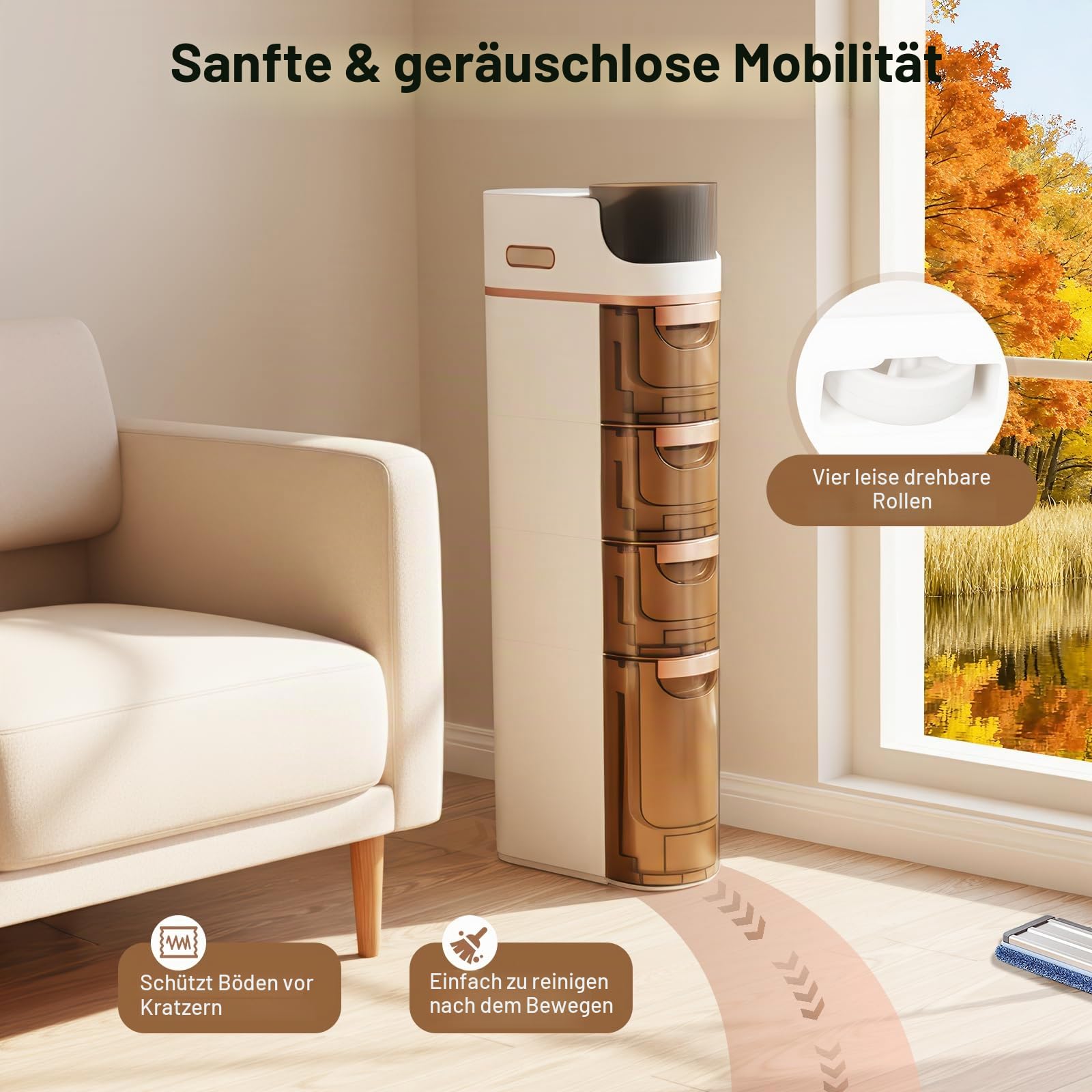 4-stöckiger Slim Bathroom Organizer, schmaler Badezimmer-Organisator mit leisen Rollen und Schubladen für enge Räume, Bad, Küche, Waschküche, weiß
