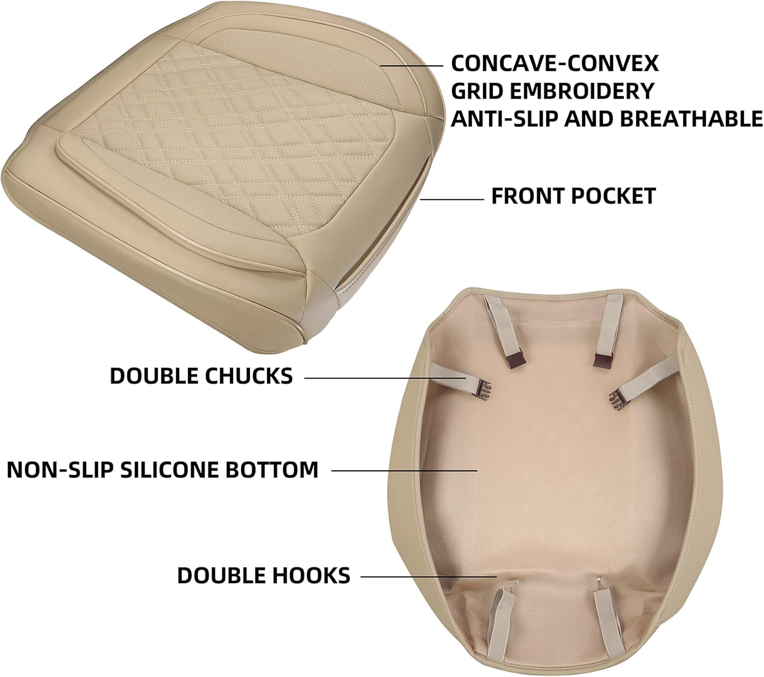 EifBrisa Car Seat Cover Front PU Leather Seat Covers, 2Pcs Universal Bottom Seat Covers for Cars, Anti-Slip, Storage Bags,Full Wrapping Edge Fits 95% of Vehicles(1 Pair, Beige)