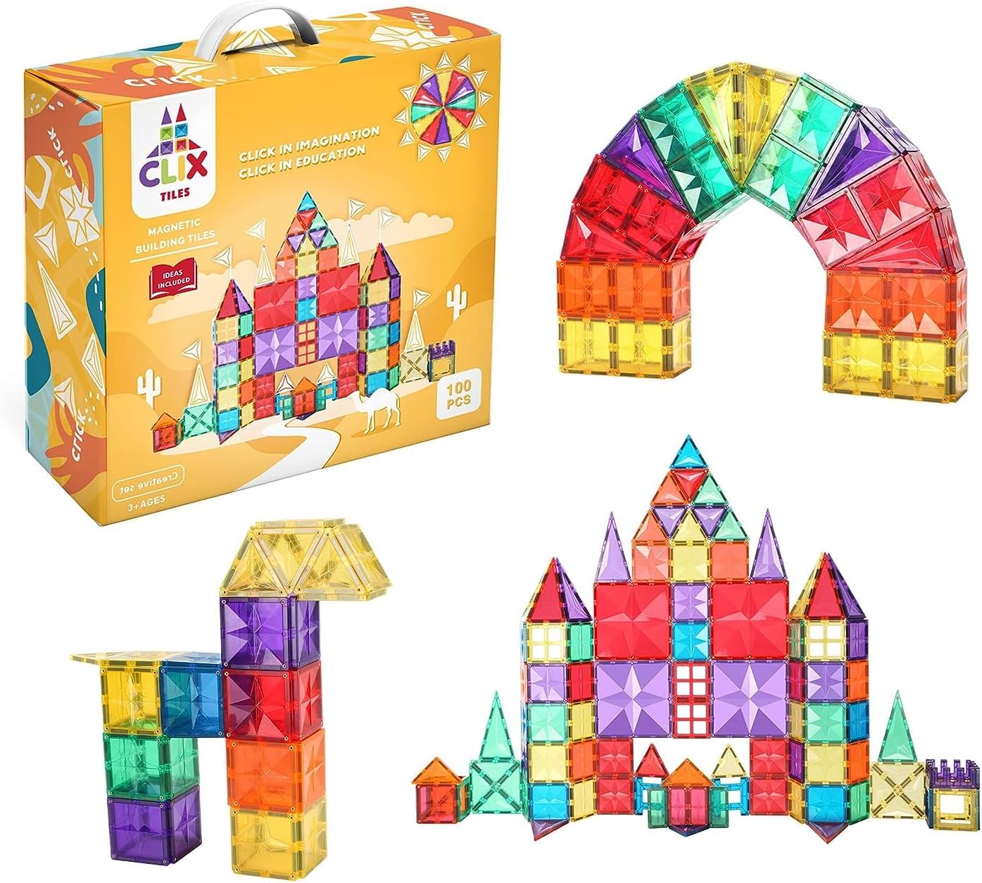 Clix-tiles magnetic building blocks toy | set of 100 pieces colorful diamond tiles for kids | open-ended toy educational STEM | fun play Magnet Toys | Develop Motor Skills & Creativity
