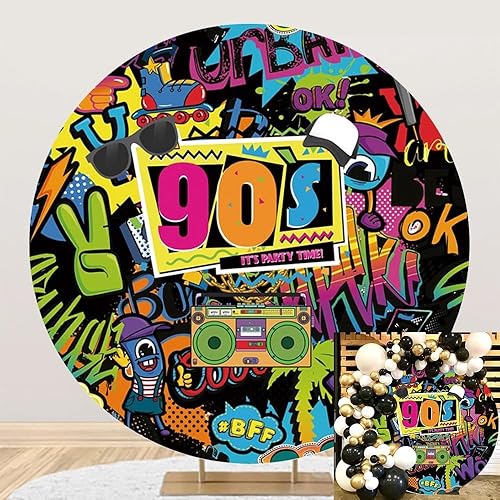 Cubierta de fondo redonda de regreso a los años 90, de 5 x 5 pies, con texto en inglés "It's Party Time", Hip Hop, Graffiti, Boombox, círculo,