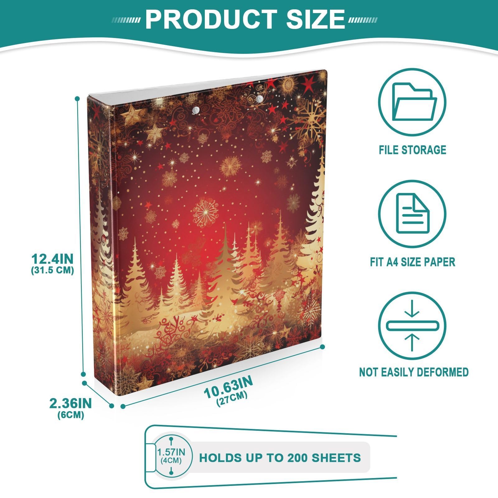Raccoglitore a 3 anelli con albero di Natale, fiocco di neve dorato rosso, 3,8 cm, raccoglitori a tre anelli con portablocco, adatto per carta da 21,9 x 27,9 cm, 3 tasche interne in PVC trasparente