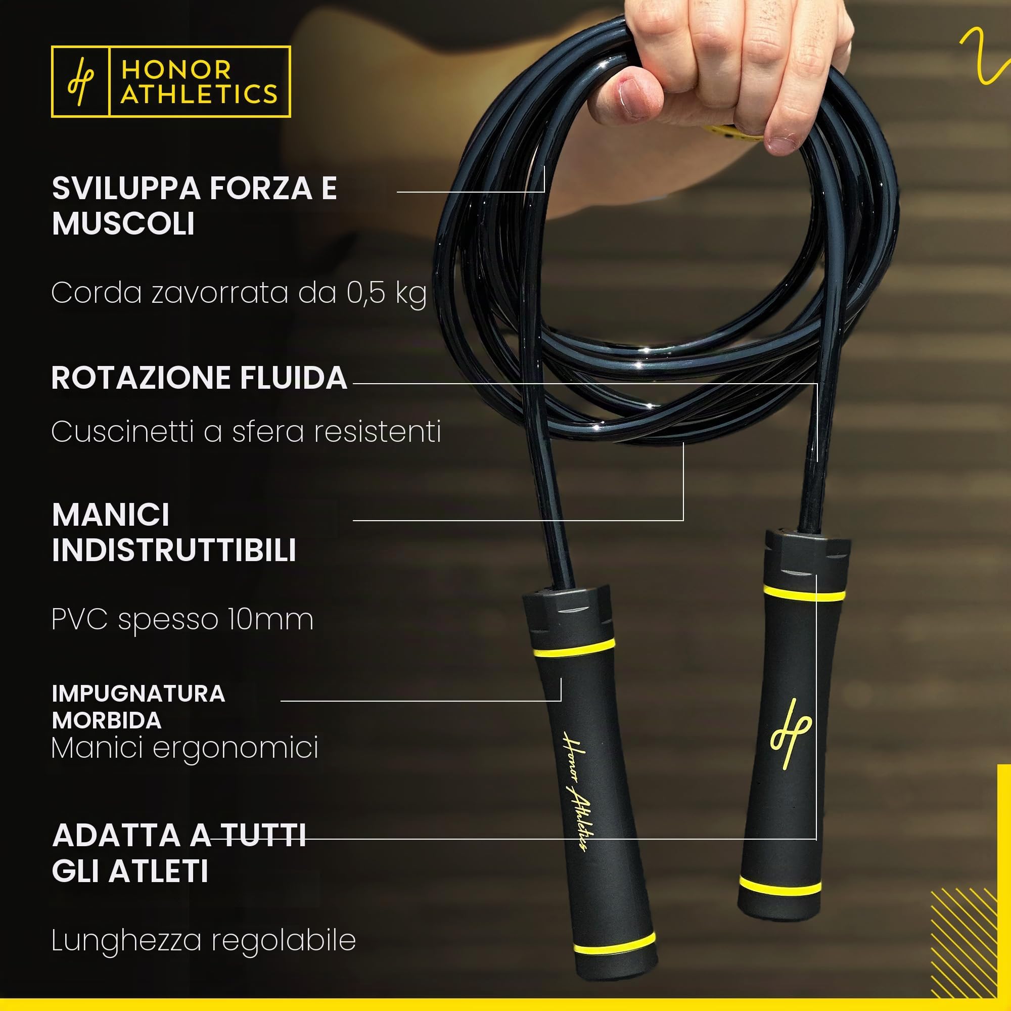 Honor Athletics - Pesante corda per saltare da 0,5 kg per allenamento ad alta intensità e forza - Corda regolabile in PVC da 3 m con impugnatura ergonomica, cuscinetto a sfera, ideale per boxe