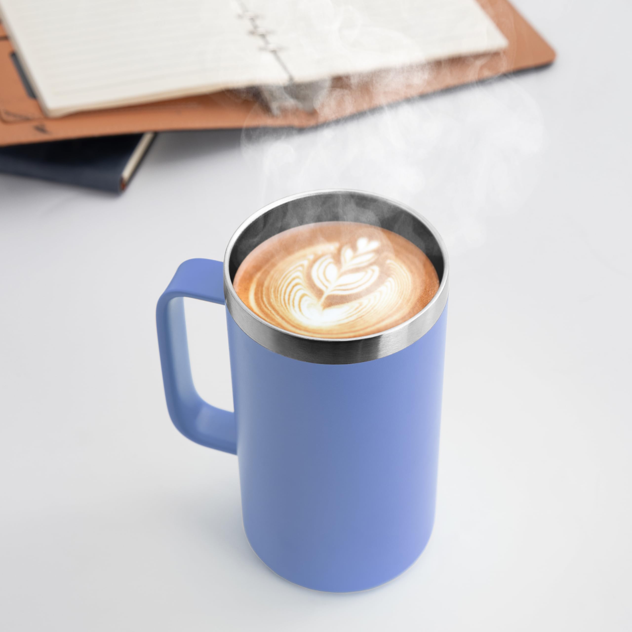 DOMICARE Taza de café de acero inoxidable de 24 onzas con asa y tapa, taza de viaje con asa, vaso de café al vacío de doble pared, taza aislada reutilizable, azul, paquete de 8