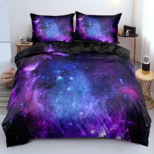 Holiyjog Funda de Edredón Galaxia Juego de Ropa de Cama Espacial Tamaño King para Adolescentes y Niños, para Niños y Niñas Juego de Cama Morado