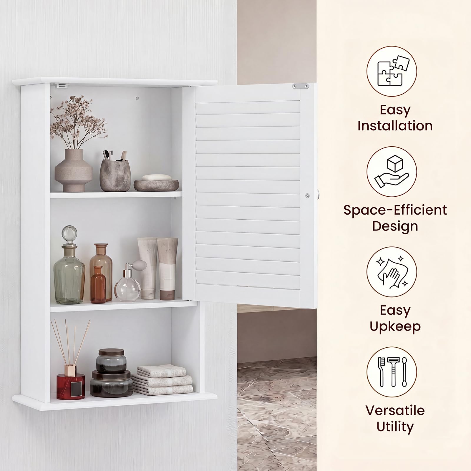 LIFEZEAL Armoire de Salle de Bain Murale avec 3 Étagères de Rangement, 42 x 17 x 70 CM,Meuble de Rangement Suspendu à Une Porte en Bois pour Salle de Bains, Étagère Réglable (Blanc)