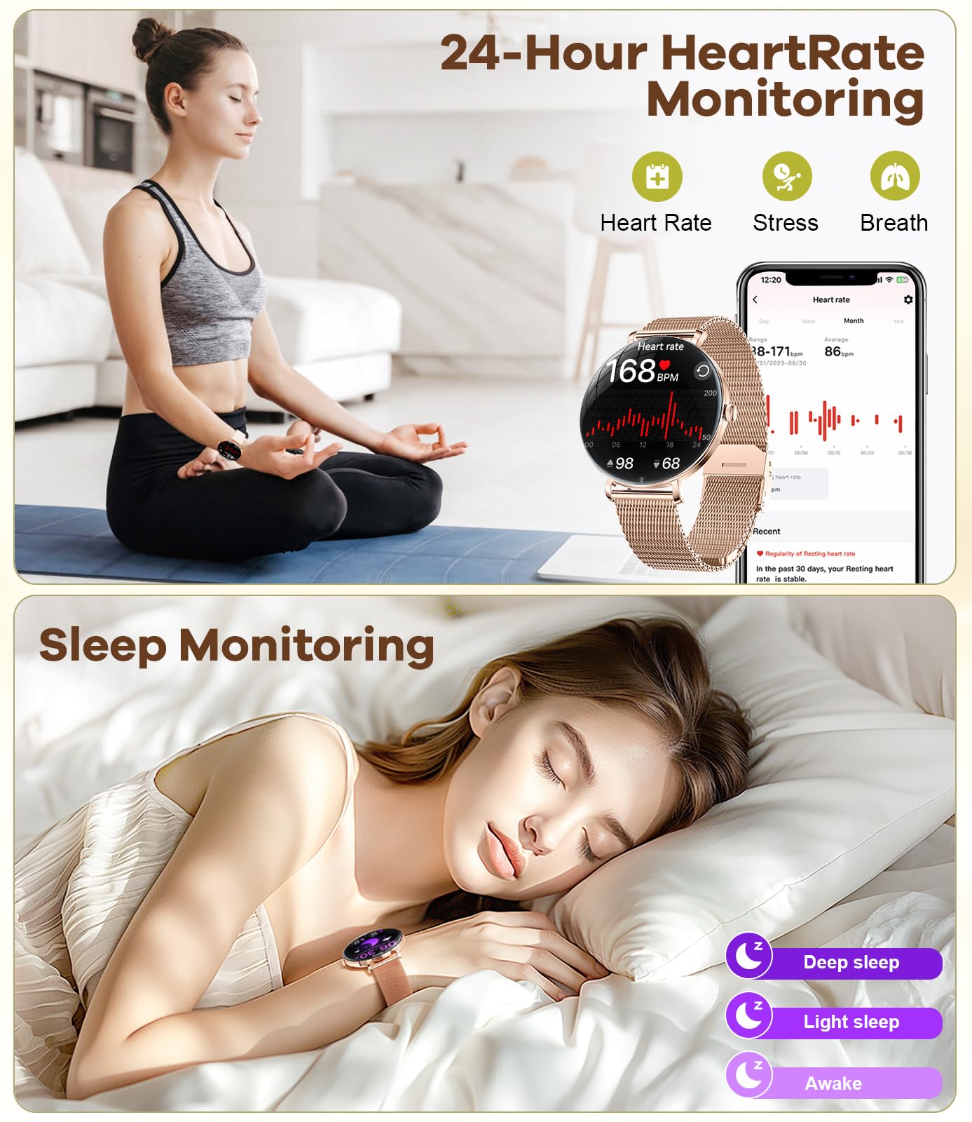 LIGE Smartwatch Donna Sottile con Chiamate, 1.43" AMOLED Orologio Fitness con Sonno/Frequenza Cardiaca, IP68 Impermeabile Smart Watch per Android iOS, 200+ Quadranti, 100+ Sport, Oro Rosa