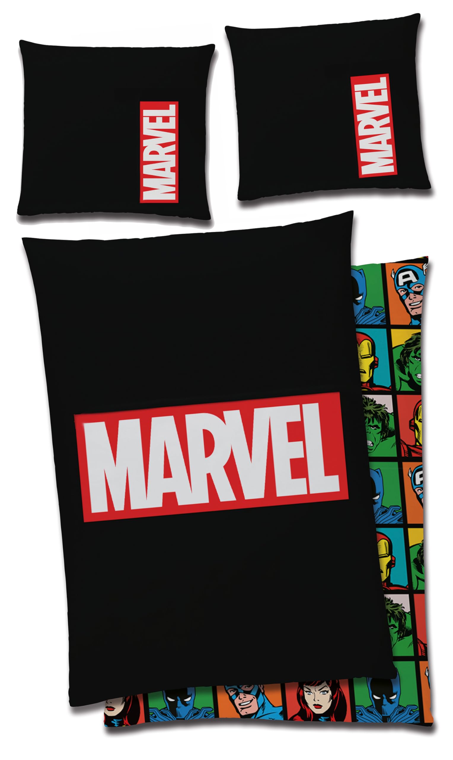 Pościel z logo Marvel 135 x 200 cm + 80 x 80 cm 100% bawełna Linon/Renforcé pościel poszwa na kołdrę MCU komiksy Iron Man Hulk Thor Kapitan Ameryka Spider-Man czarny zamek błyskawiczny