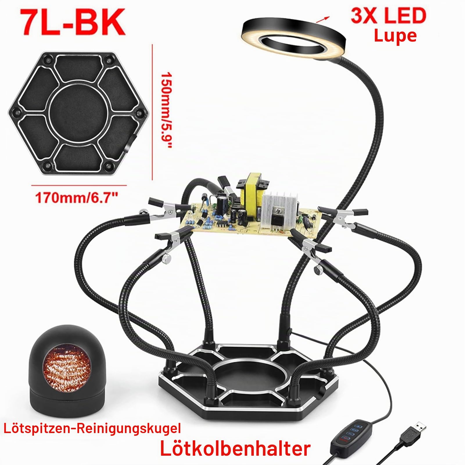 Löten Dritte Hand, Geevorks Löthilfe Werkzeug mit 5 flexiblen Armen und Krokodilklemmen, 3X LED Lupenlampe, Schweißspitzenreiniger für elektronische Reparaturen, Löten, Schmuckbasteln