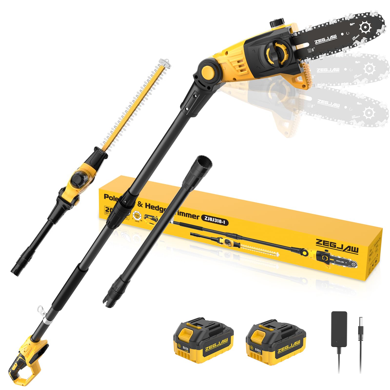 pole saw 8-inch cordless tree trimmer and 18-inch pole hedge trimmer 2-in-1, 15-feet max reach, pole chainsaw, auto oiling, with 2x3.0ah battery & charger, for tree trimming and shrubs pruning