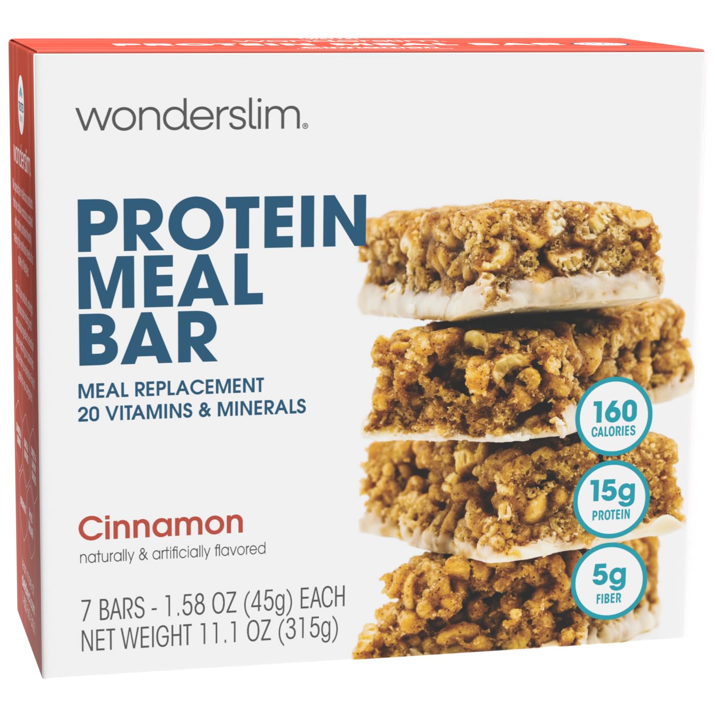 WonderSlimMeal Replacement Protein Bar, Cinnamon, 15g Protein, 20 Vitamins & Minerals, Gluten Free (7ct)