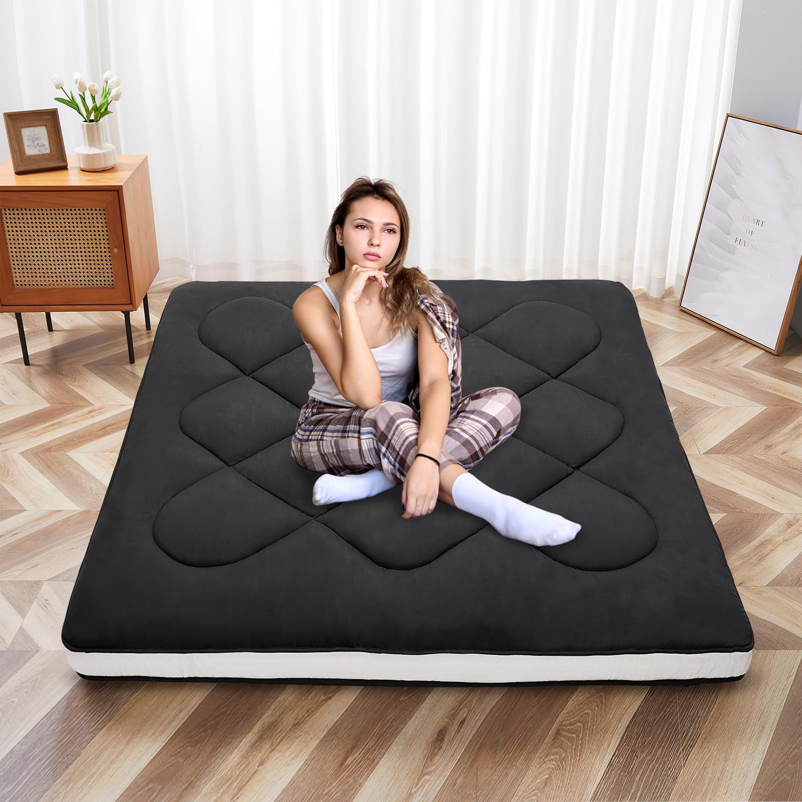 SUNYRISYJapanese Floor Mattress Futon Mattress, Thick Roll-up Sleeping Mat Tatami Floor Bed, Foldable Portable Lounger Guest Bed Camping Mat with Bag, Single