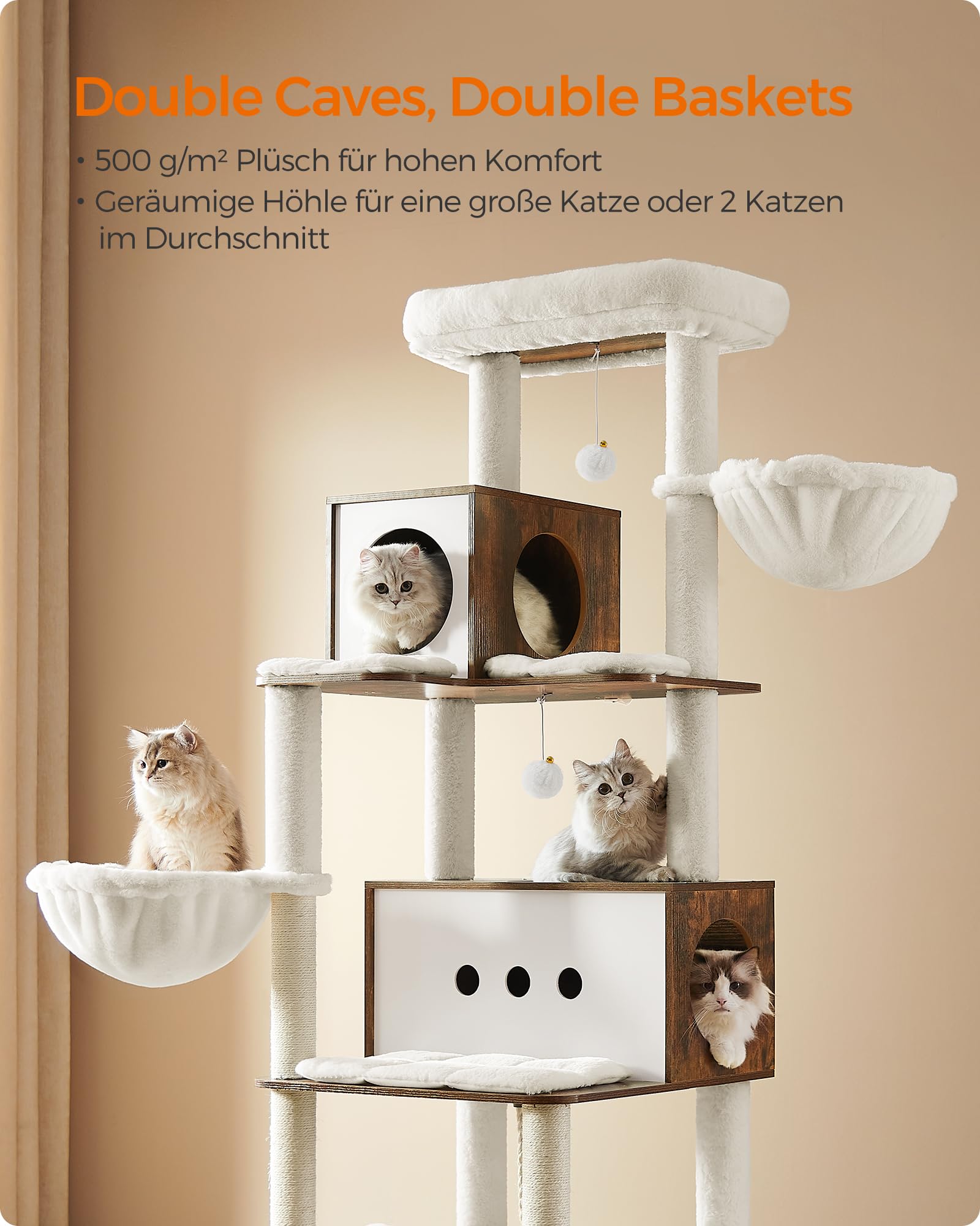 Feandrea Kratzbaum groß, 192 cm hoch, Katzenbaum XXL, modern, mehrstöckiges Katzenhaus mit 2 Höhlen, 2 Liegemulden, 4 Kratzstämmen, Katzenbürste, Tunnel, Plattformen, vintagebraun PCT193X01