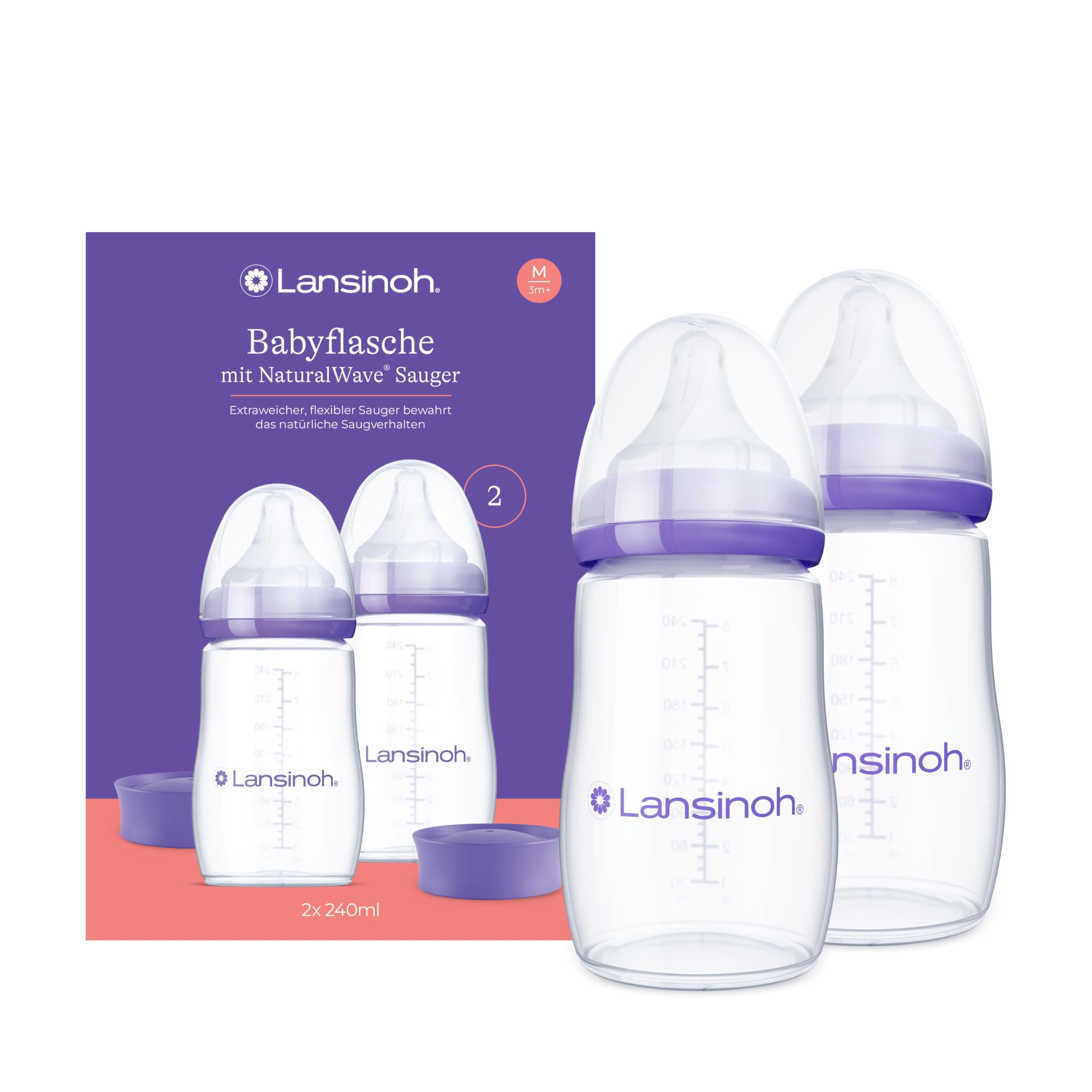 Lansinoh Babyflaschen mit NaturalWave Sauger Gr. M, 240 ml - Doppelpack - neues kompaktes Design für verbesserte Stabilität - mit stapelbarem Deckel