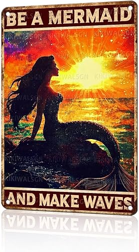 Letrero de metal retro de sirena con texto en inglés "Be A Mermaid And Make Waves", letrero de hojalata vintage para playa, decoración de pared de