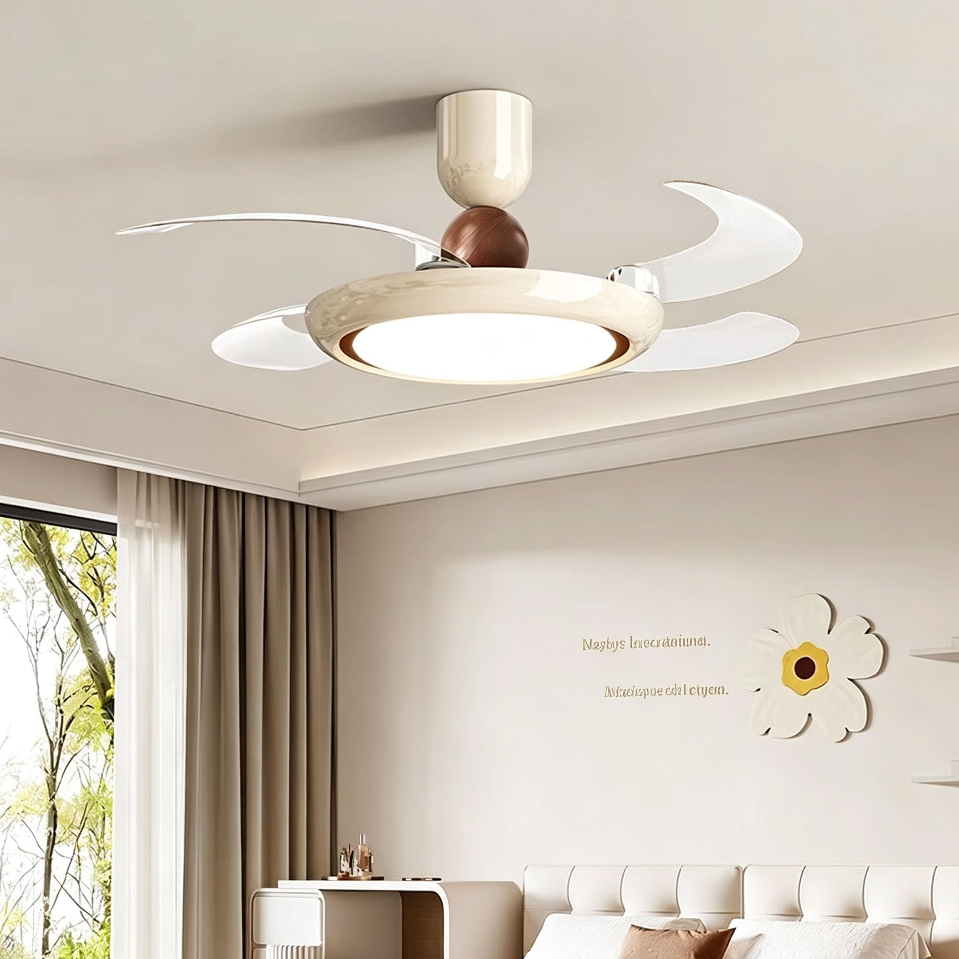 Piptyllite Modern Cream-Style Ceiling Fan Light,Flush-Mount Ceiling Fan Light,Dimmable LED Pendant Fan Light,Suitable for Children's Rooms