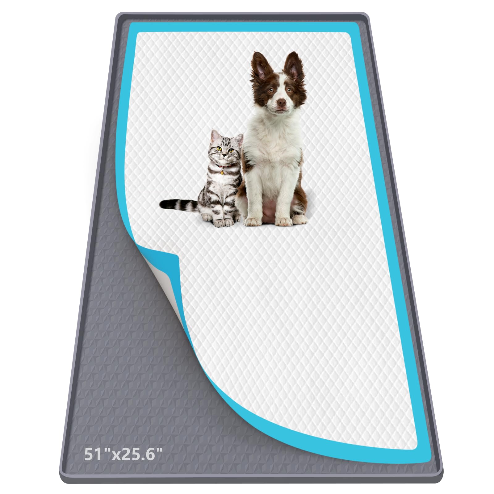 Bartuke Pee Pad Holder for Dogs, 51" x 26" Silicone Pee Tray Mat Leak-Proof, High Edge, No Spill Pet Pad Holder for Puppy, Cat, Rabbit, Training Pads for Floor Protection (Grey, Diamond Pattern)