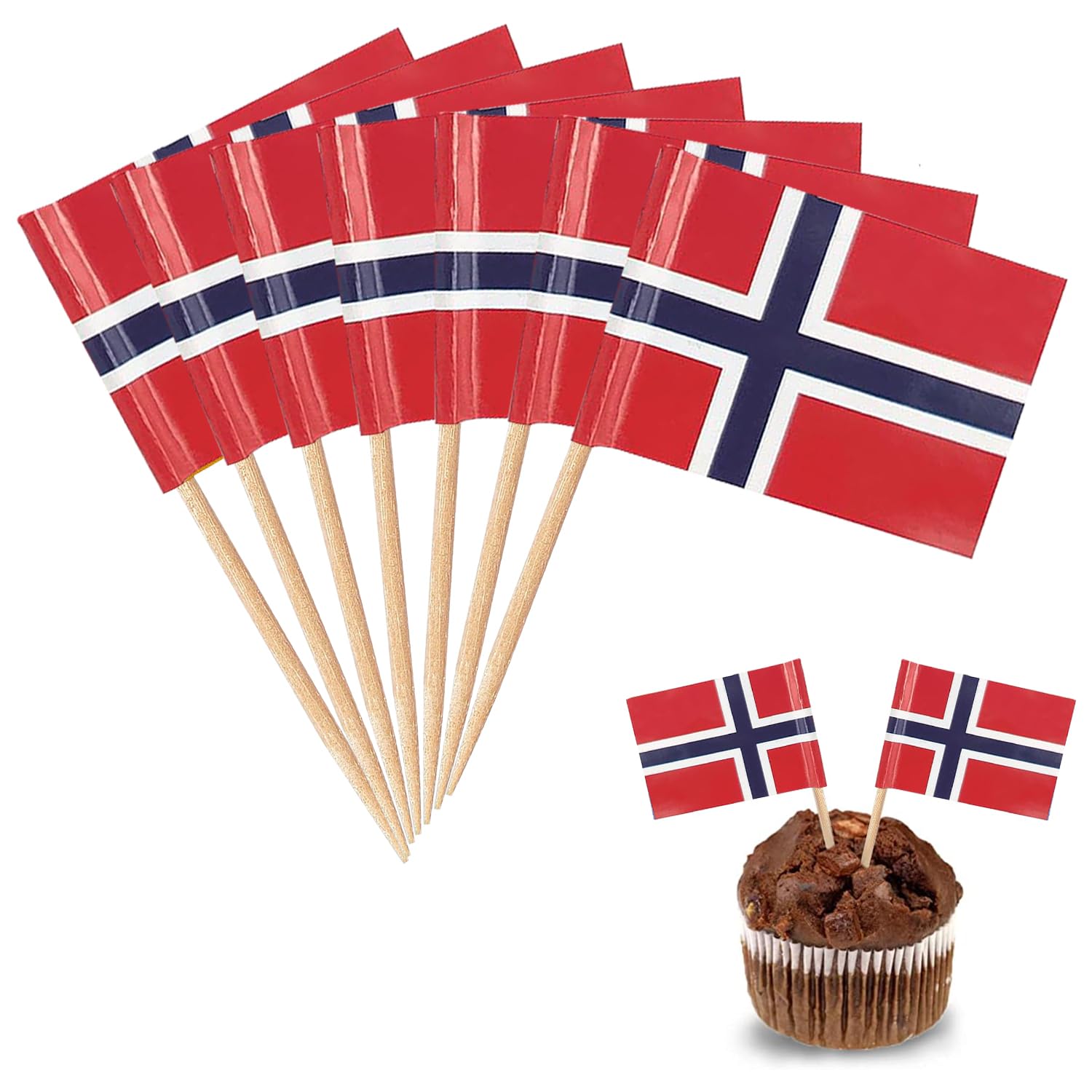 YXHZVON Norwegen Flagge Zahnstocher, 100 Stück Cocktail Stick Flaggen Mini-Flagge Cupcake Toppers Stick für Party Food Cake Obst Geschirr Party Pub Dekoration Küche, Haushalt & Wohnen