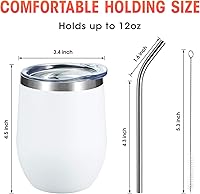 Vista 3 de COMOOO Vaso de vino de 12 onzas con tapa y popote, copa de vino de acero inoxidable, copa de vino de doble pared aislada al vacío para vino, Blanco