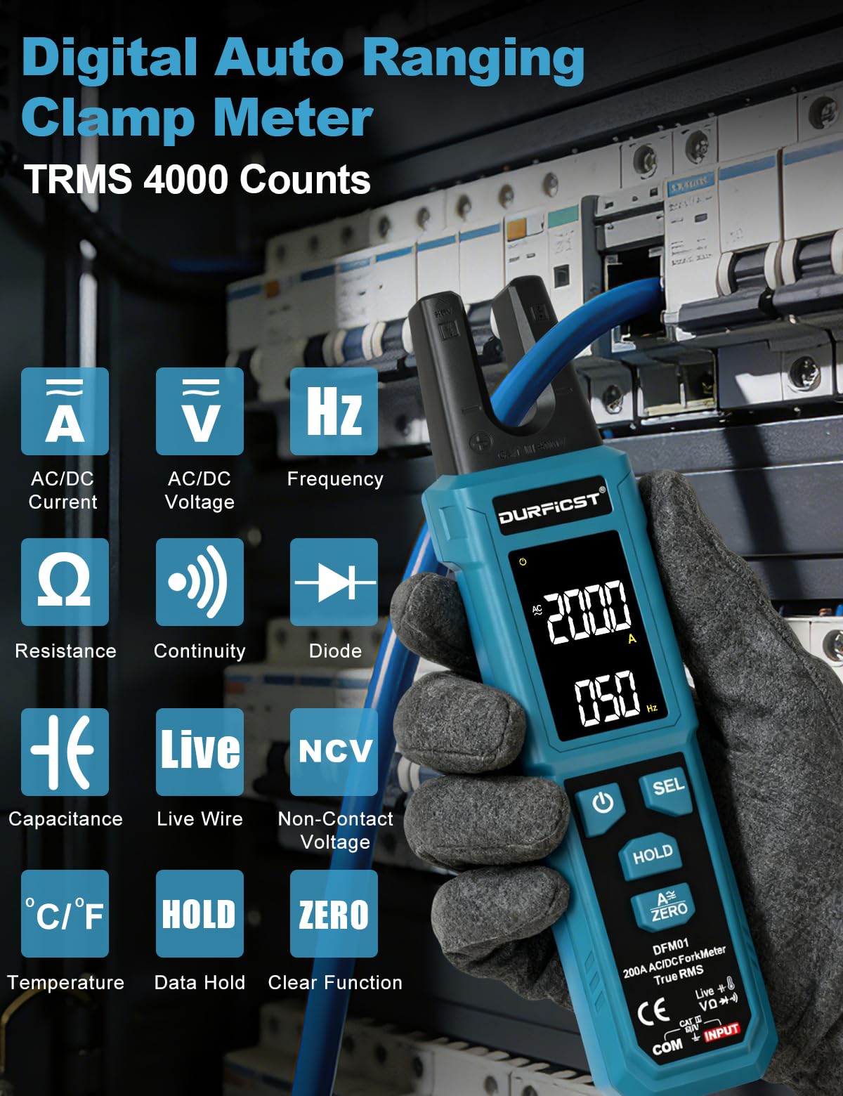 Stromzange, DURFICST Digitale Strommesszange TRMS 4000 Counts, Zangenamperemeter mit 200A AC/DC-Strom- und 600V Spannungsmessung, NCV, Kapazitätsmessung, Durchgangsprüfung, Temperaturmessung