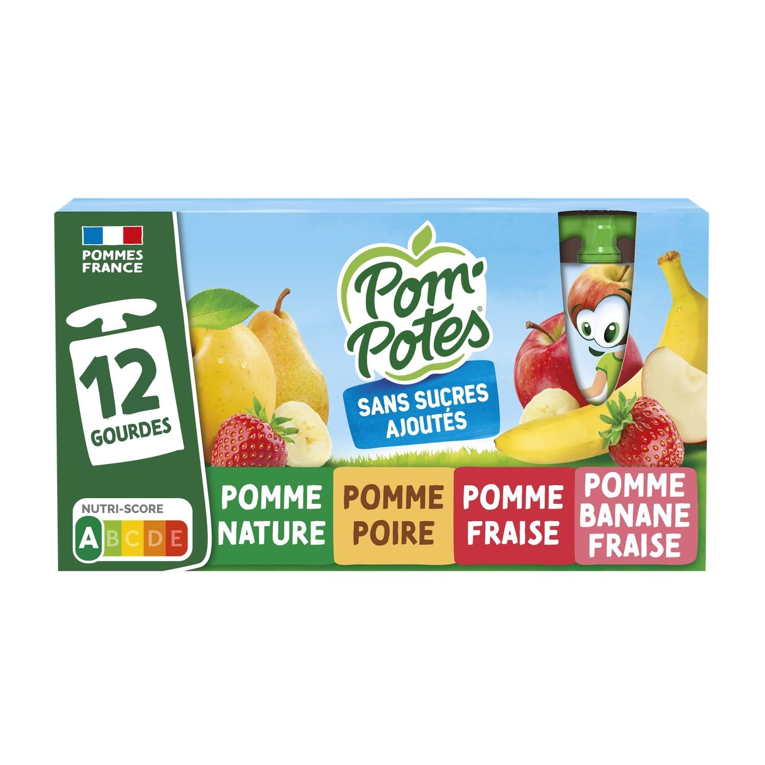 Douceur fruitée en bouche – POM'POTES Compotes 12 × 90 g, mélange pomme, poire, fraise et banane, sans sucres ajoutés - Lot de 3