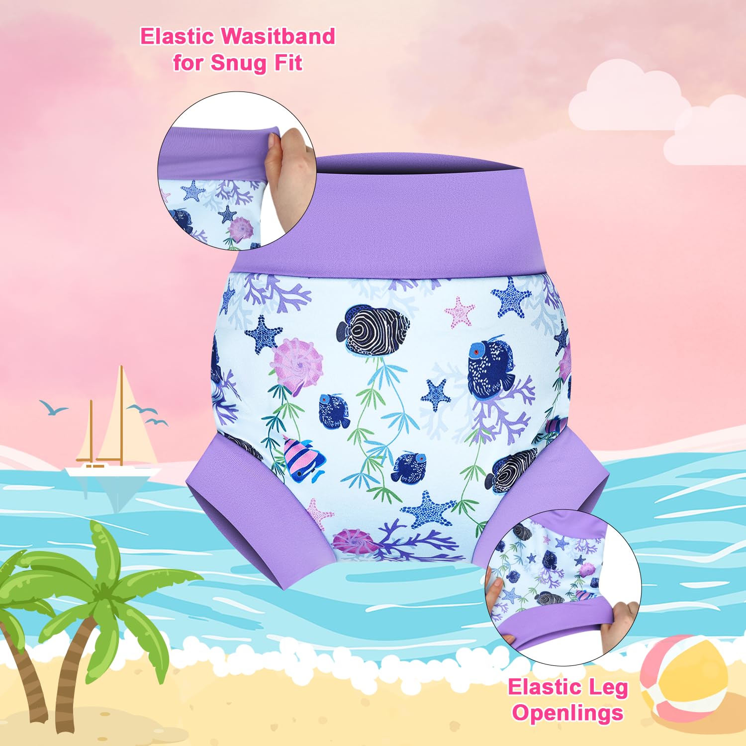 MOEMOE BABY Swim Nappy - Pañales de natación reutilizables, peces, algas marinas y estrella de mar, 5 años