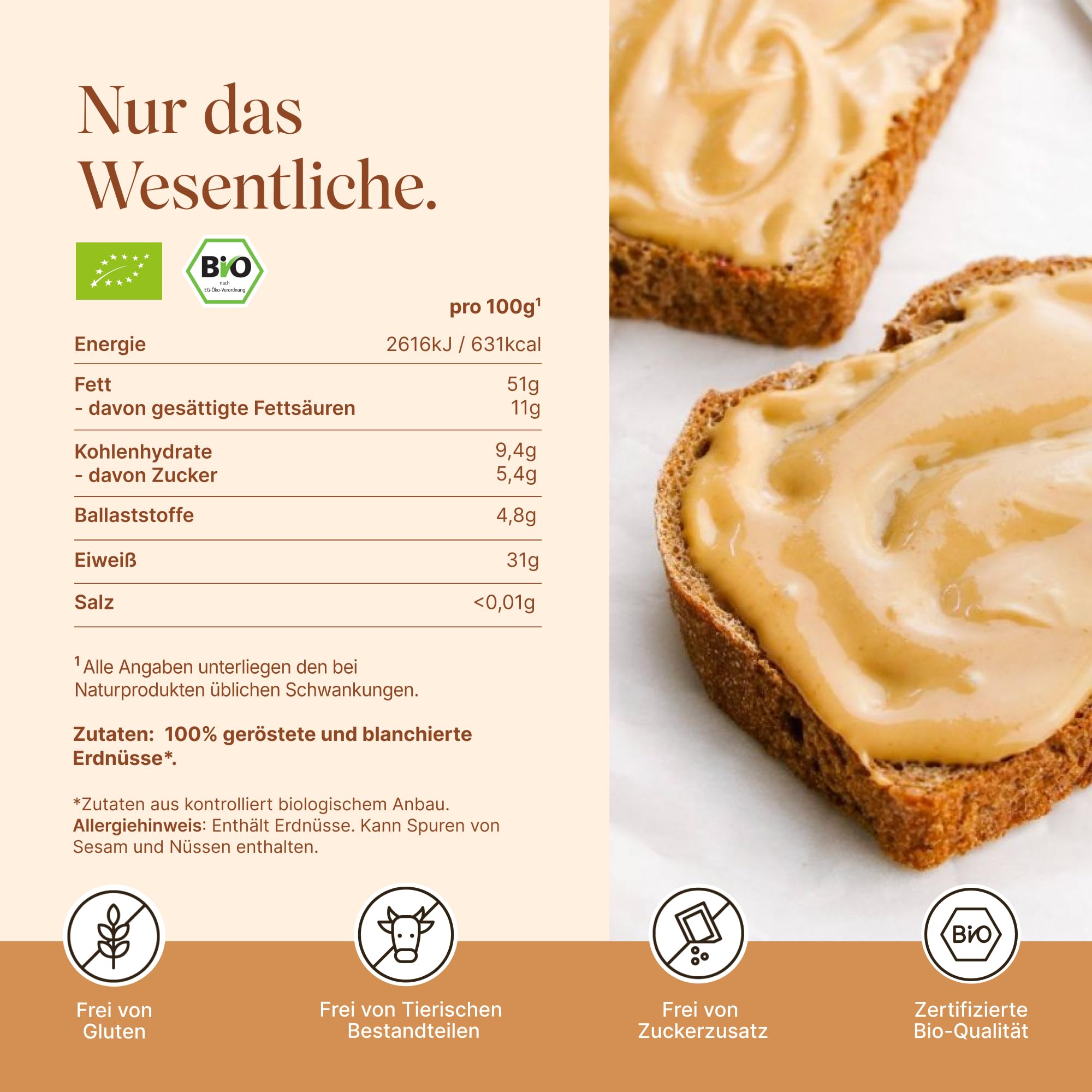 VETAIN Bio Erdnussmus Cremig - 100% Bio-Erdnüsse - Vegane Erdnussbutter - Reich an Protein & Ballastoffen - Ohne Zucker & Palmöl - Perfekt als Topping für Müsli, Porridge (3 x 500g)