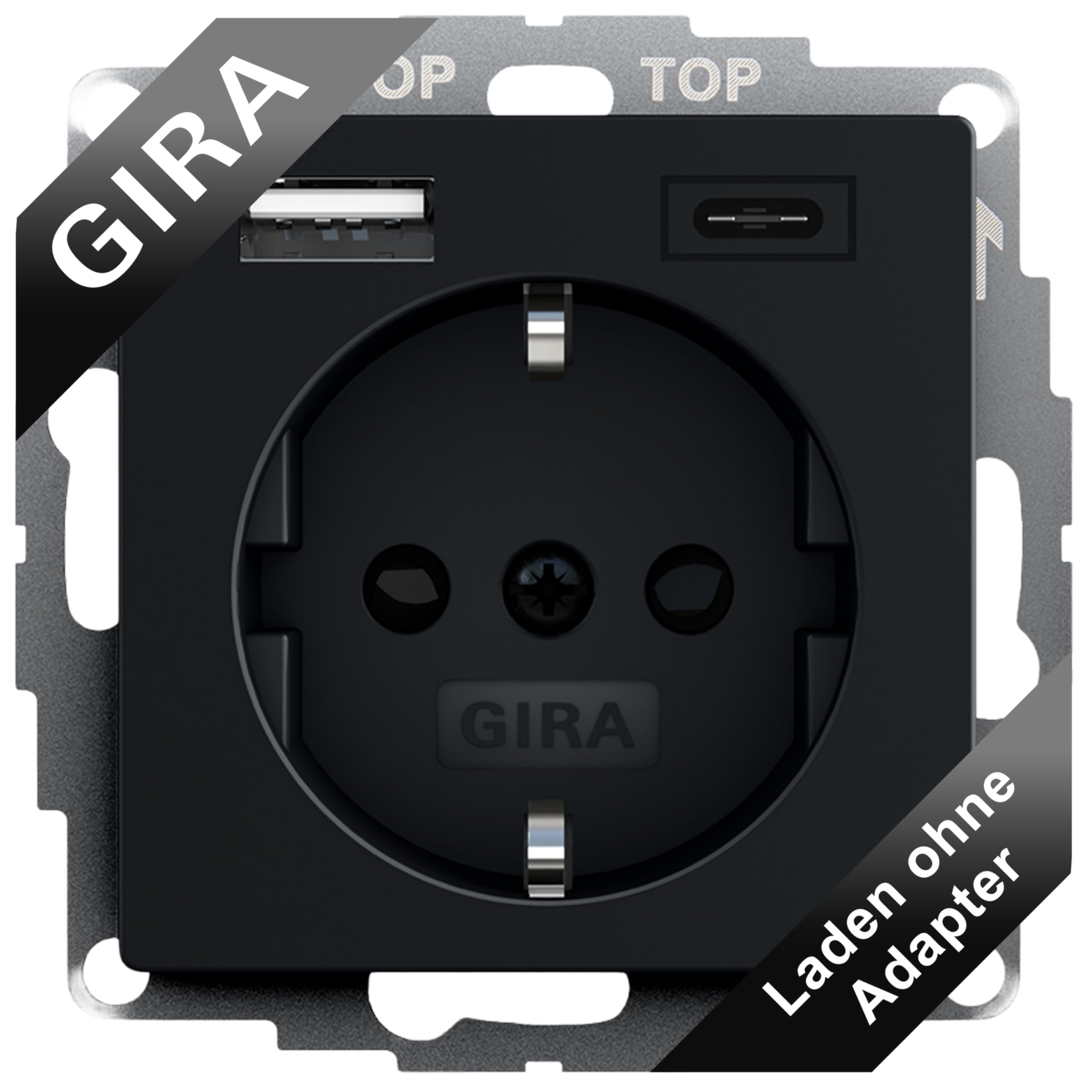 Gira USB Steckdose Schuko Standard 55 Schwarz matt I 2-fach USB Typ-A & Typ-C Ladeanschluss max.2,4A/3A I Unterputz Berührungsschutz 2459005 I 32 mm Einbautiefe I System 55 | Unterputz-Kombi mit 3A Ladestrom und erhöhtem Berührungsschutz, passend für Gira