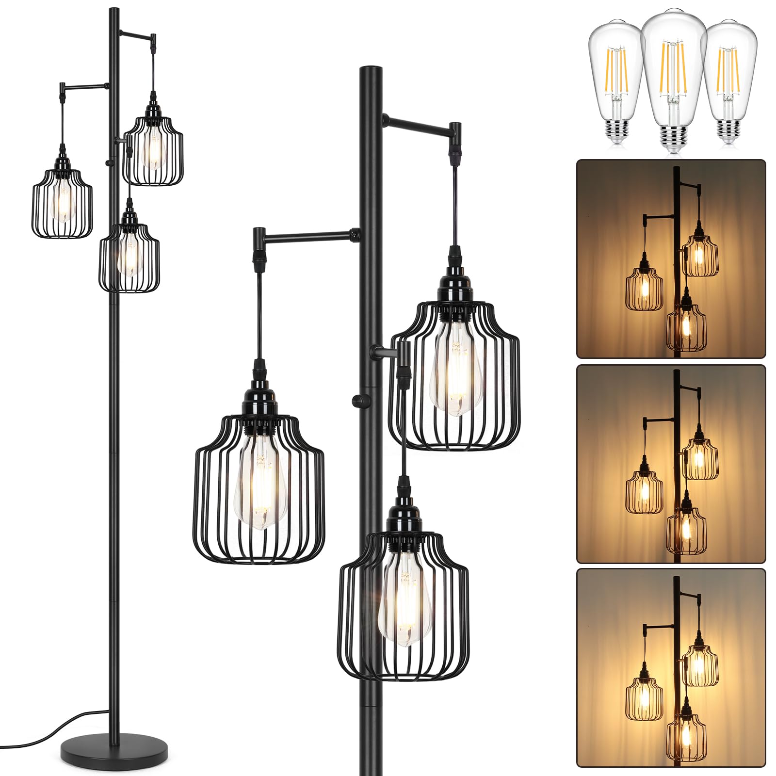 Dimmable Floor Lamp with 3 x 800LM LED Edison Bulbs,Tall Standing Lamp for Living Room,Farmhouse Black Corner Floor Lamp,Bright Industrial Rustic Vintage Tree Pole Light with Cage for Bedroom Office