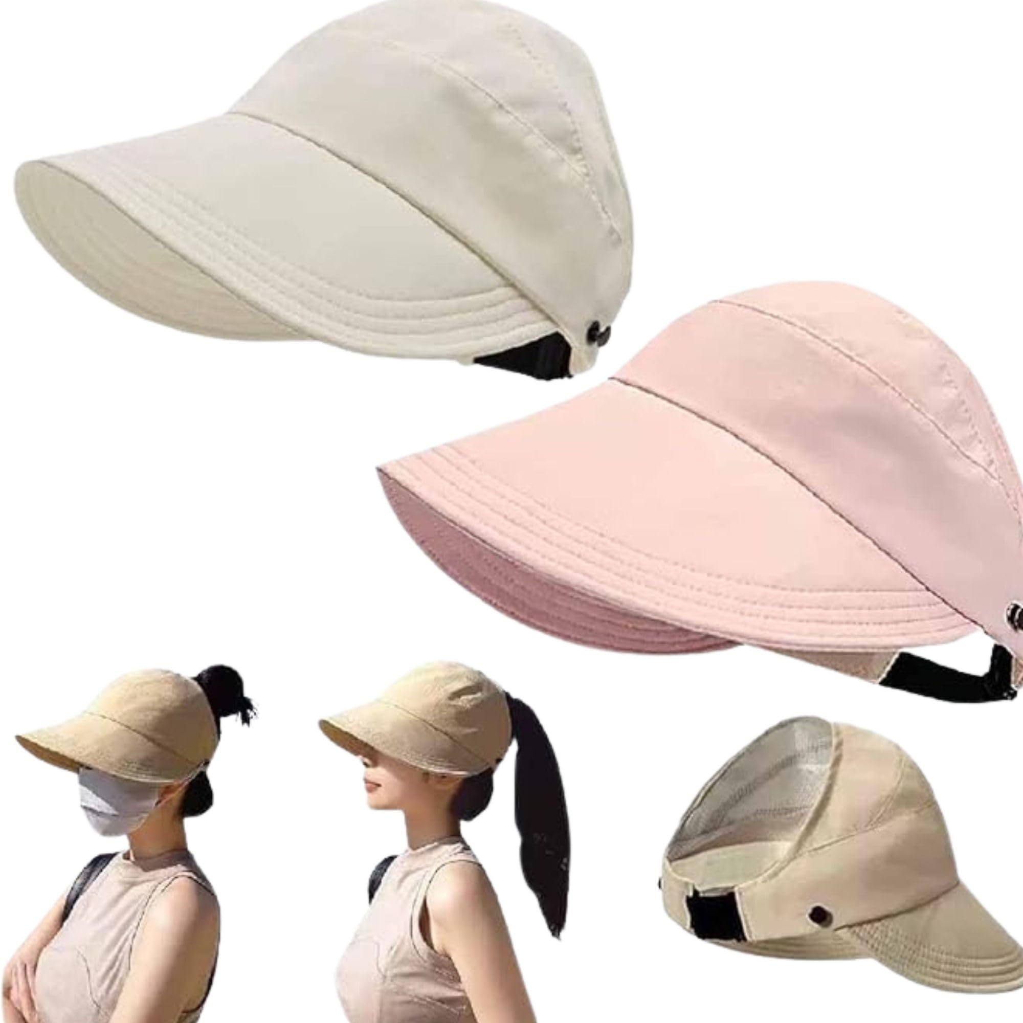 Women Cotton Sun Hats, Wide Brim Visor Hat, UV Sun Protection Golf Cap with Retractable Side Brim, Fashion Breathable Hat for Beach Fishing Tennis Running, Beige, Free Size