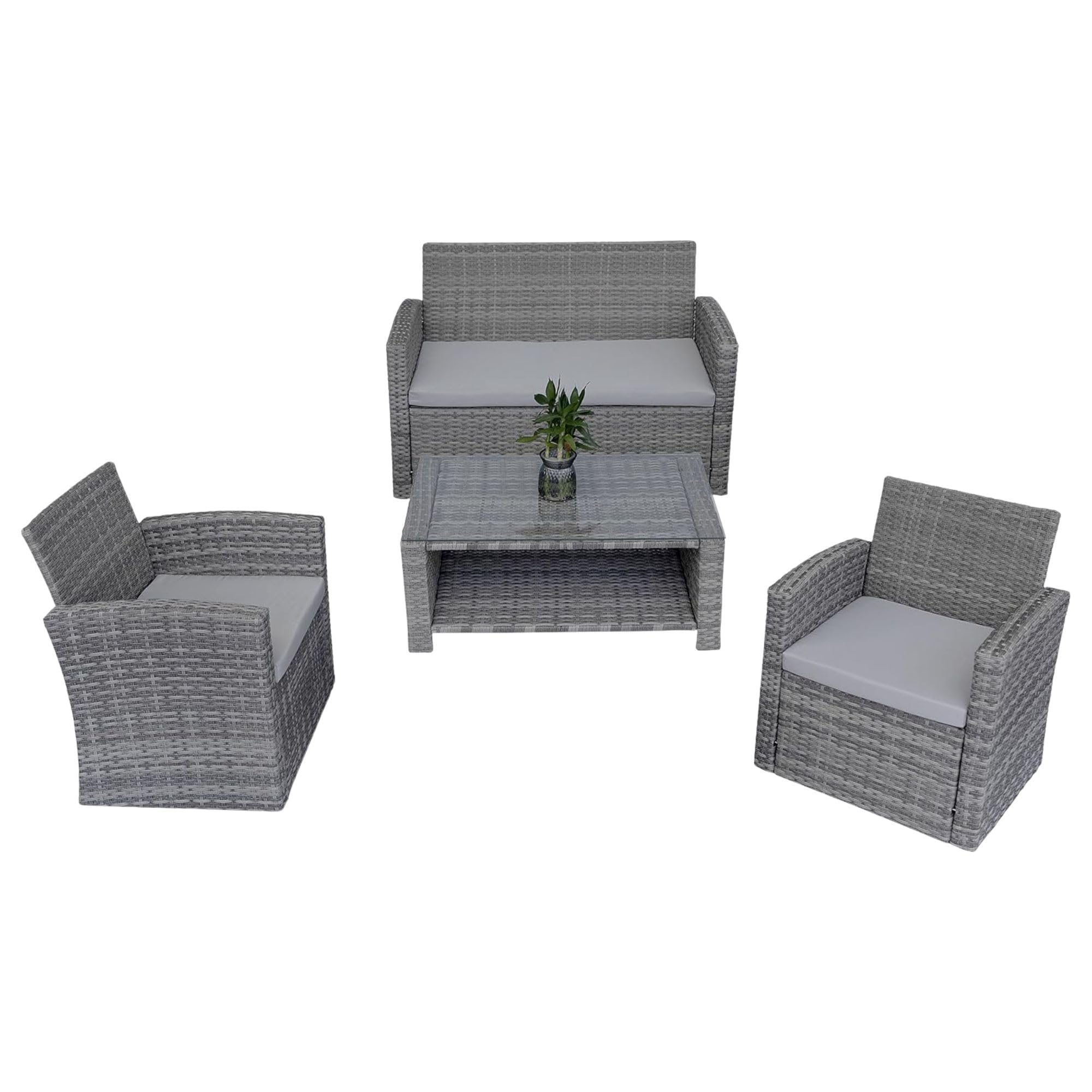 4 Seater Rattan Garden Furniture Set – 2 Chairs, Loveseat Sofa, Coffee Table Outdoor Patio Set