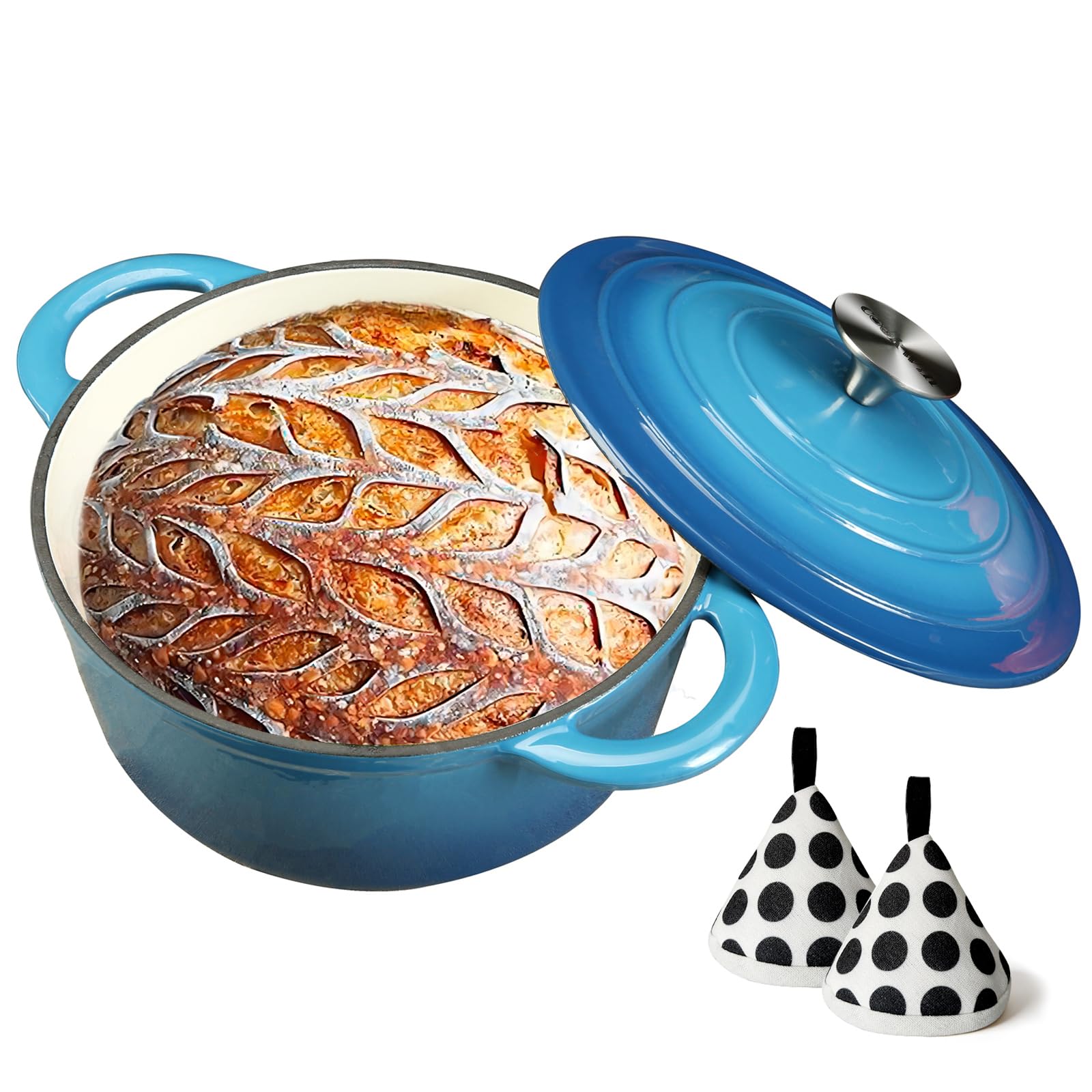 COOKWIN Horno holandés de hierro fundido esmaltado con tapa autountada, olla antiadherente con revestimiento esmaltado, azul, 2.9 cuartos