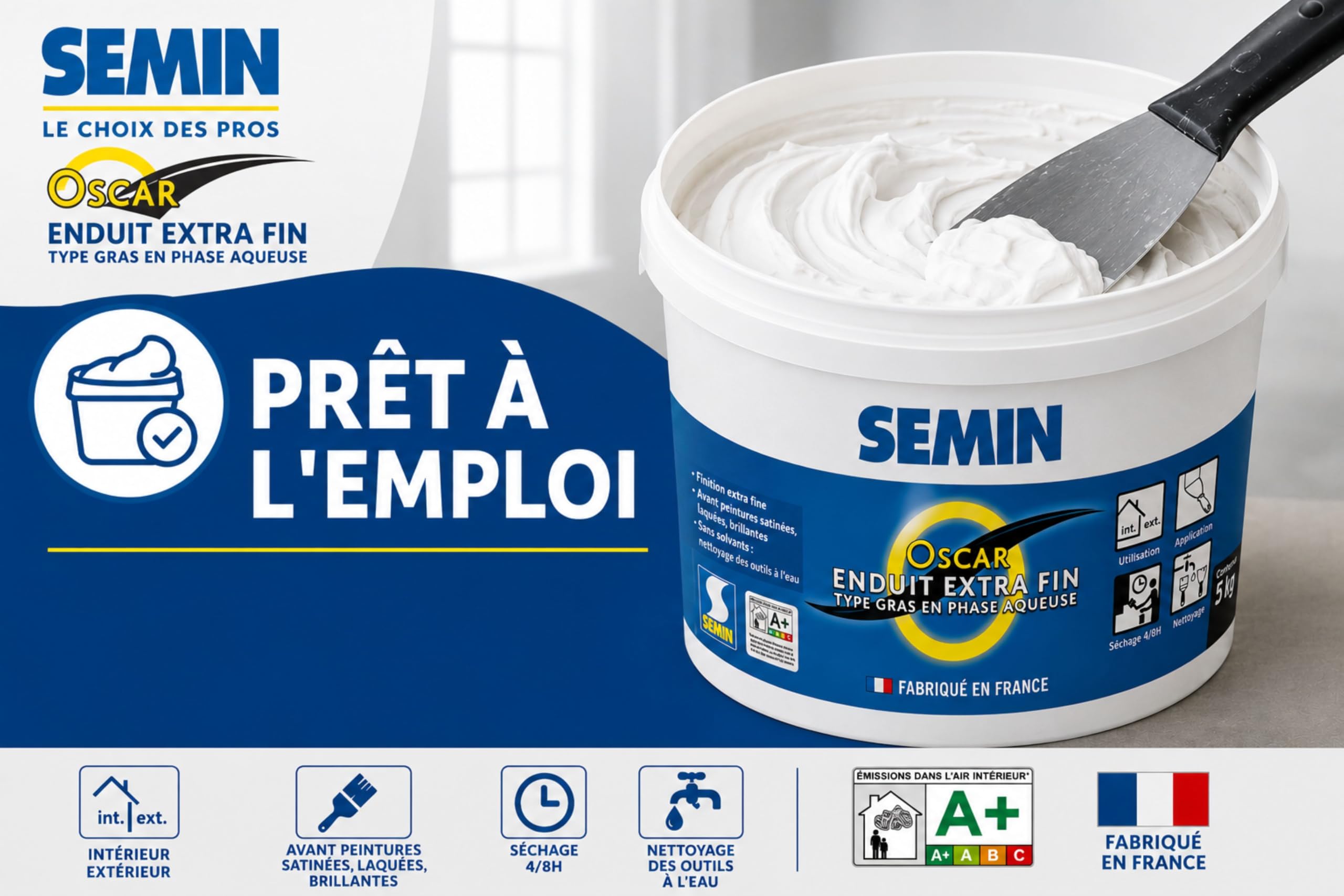 SEMIN OSCAR Enduit de Finition Extra Fin en Pâte – 2 X 5 kg – Prêt à l'Emploi – Intérieur & Extérieur – Lissage Ultra Fin Murs et Plafonds – Idéal Pièces Humides – Peinture & Papier Peint