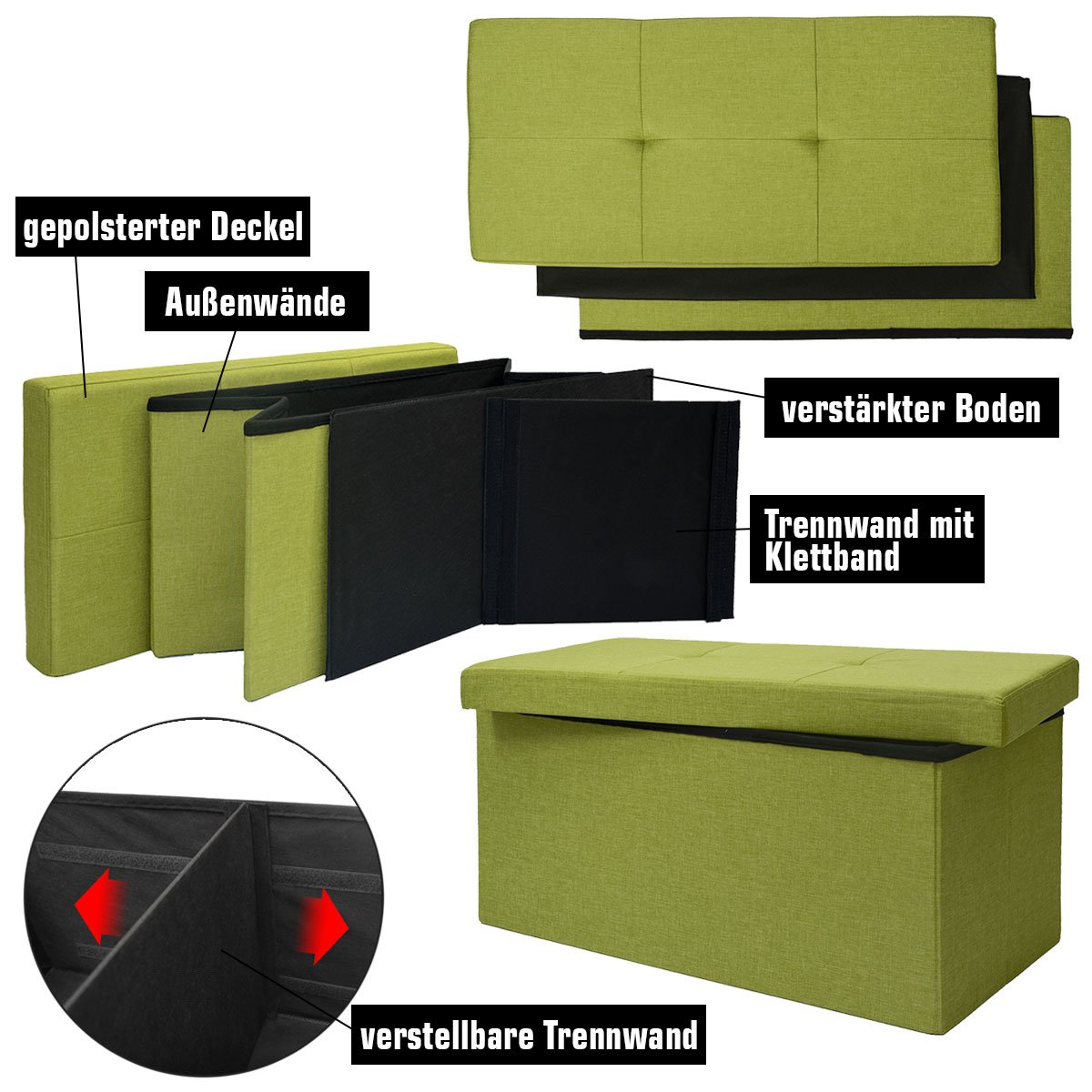 DuneDesign Banc de Rangement 76x38x38cm Coffre Pliant 80L rembourré Vert Clair