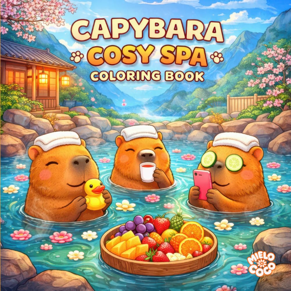 40 Capybara Cosy SPA Coloring Book pages for Adults and Kids: Kawaii Spa & Hot Springs, Relaxing Animal, Art Therapy, Stress Relief