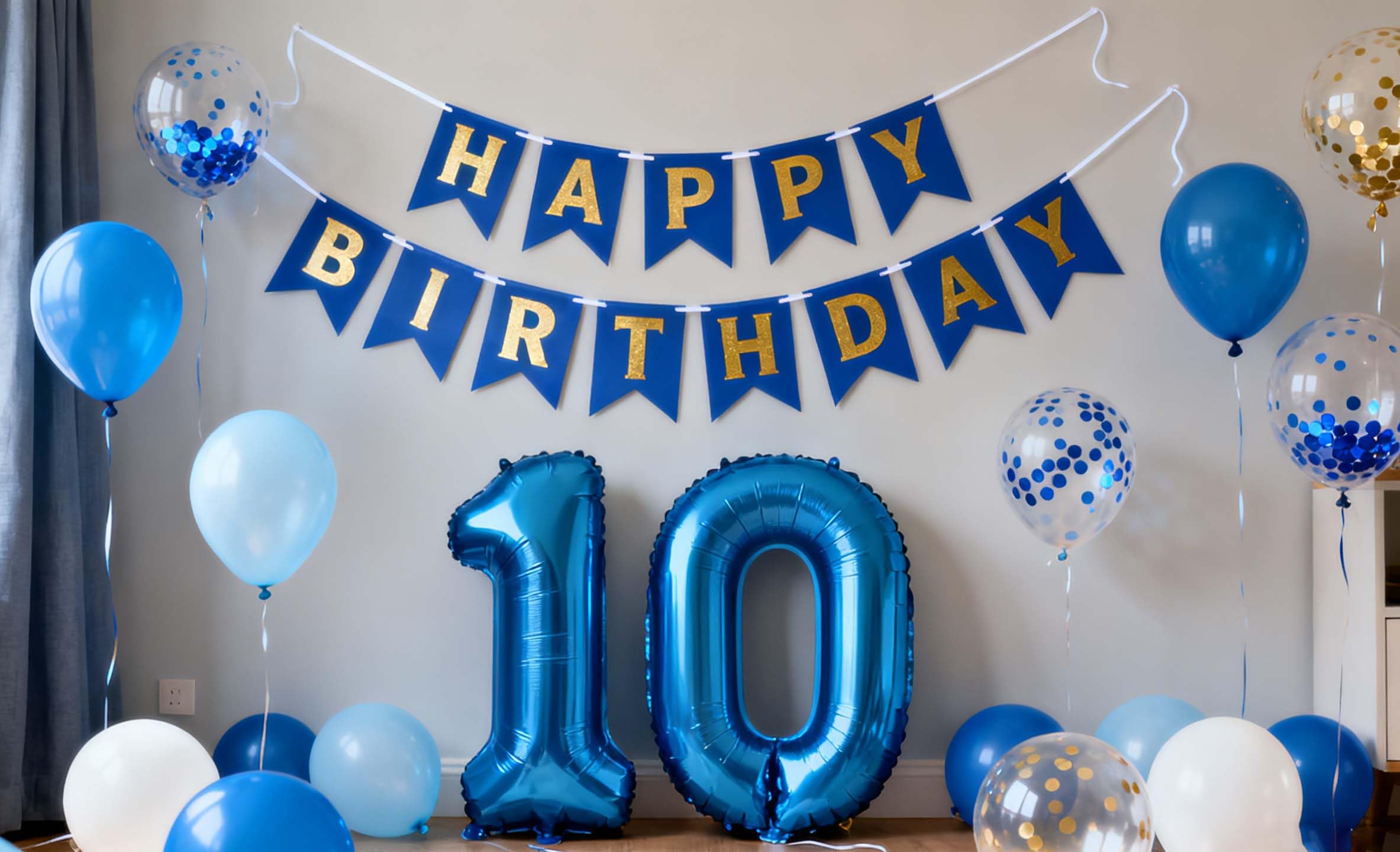 10th Birthday Decorations Blue for Boys Girls, Blue Gold Happy 10th Birthday Banner Number 10 Foil Balloons Latex Confetti Balloon for Boys Him Son 10