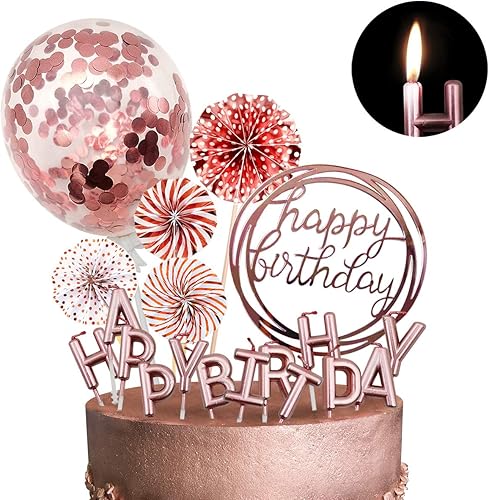 MOVINPE Decoración de pastel de oro rosa con velas de feliz cumpleaños, pancarta de feliz cumpleaños, globos de confeti, abanicos de papel para