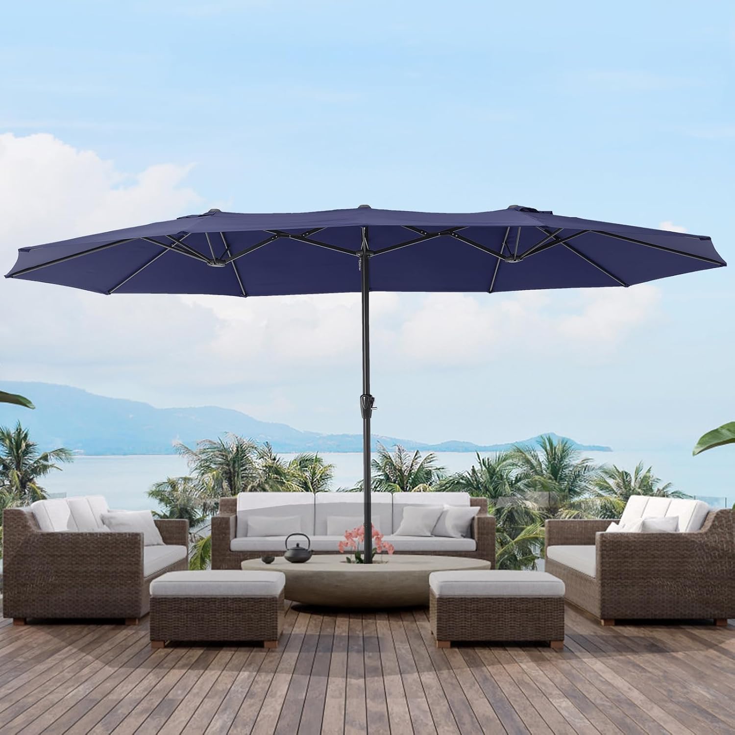 Large Double Umbrella with Base-15FT Double Sided Umbrella for Outdoor Patio, Adjustable Crank Patio Umbrella with Base for Market,Lawn,Garden and Poolside