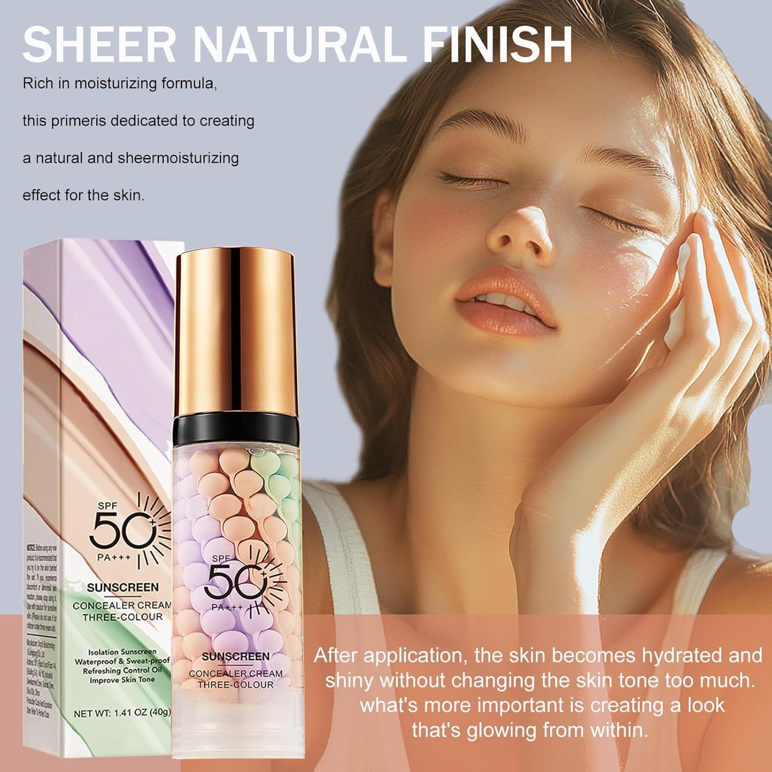 Xiuxixu 3-in-1-Grundierung für das Gesicht vor dem Make-up, Sonnencreme mit LSF 50, Farbkorrektur in einem Schritt, verwischt Unvollkommenheiten, kontrolliert Fett, spendet Feuchtigkeit und