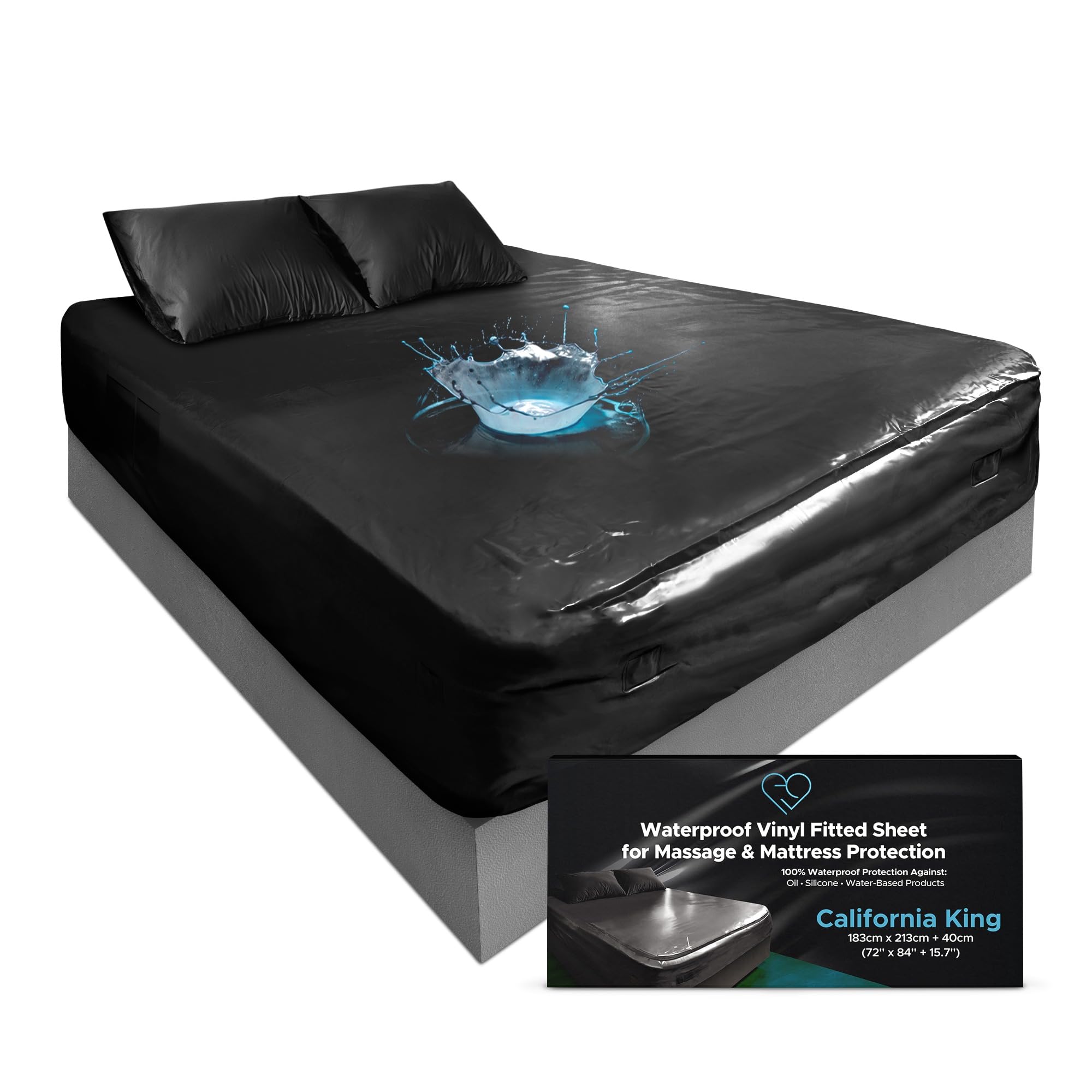 Waterproof Vinyl Fitted Sheet Cal King 183x213cm, Flocked Non-Slip Black