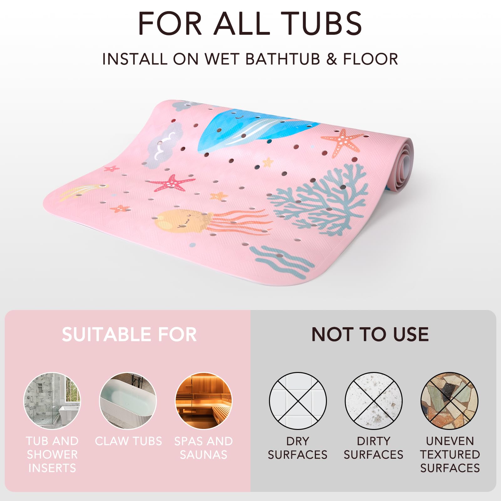 PRATIQUE Alfombrilla de baño Ocean con ventosas para ganchos de agarre seguro para almacenamiento y secado (rosa)