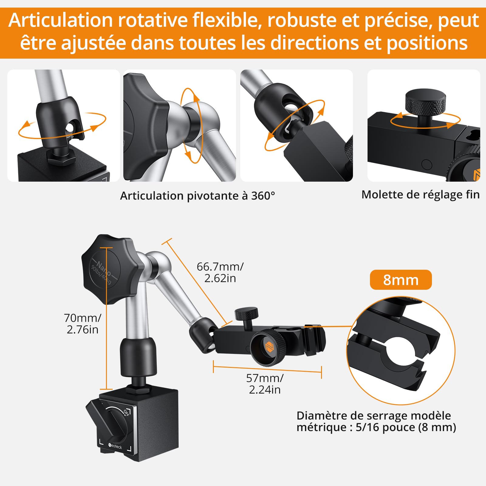 Neoteck Indicateur de Test Cadran Jauge 0-0.8mm avec Base Magnétique Comparateur à Levier avec Sonde 270° Rotation Base d'Indicateur à Cadran Magnétique Réglable pour Comparateur à Cadran